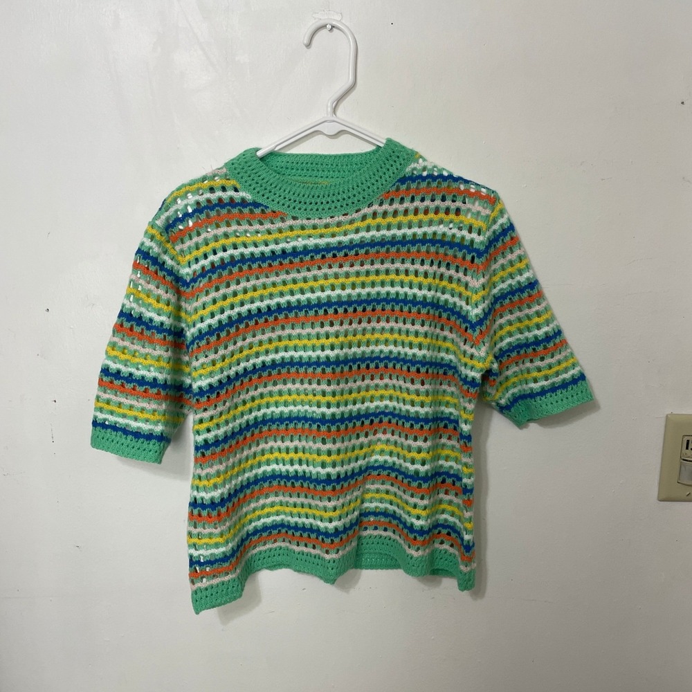Miss Sparkling Multi Color Striped‎ Crochet Knit Short Sleeve Top Artsy Boho